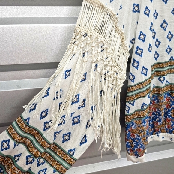 NWT Free People Lyocell Linen Macra Maze Ivory Combo Fringe Blouse - Picture 4 of 12